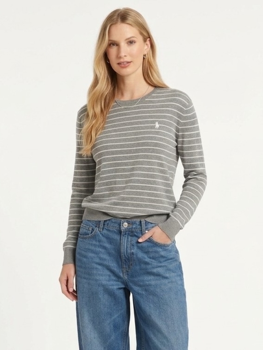 Vintage Polo Ralph Lauren Striped Crewneck Sweater In Light Gray/White - M